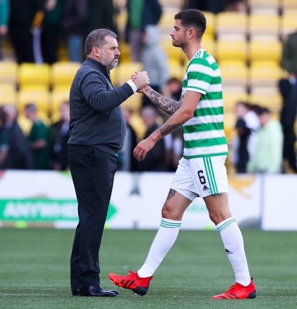 Celtic manager Ange Postecoglou and Nir Bitton at full time during a cinch Premiership match between Livingston and Celtic at the Tony Macaroni Arena...
