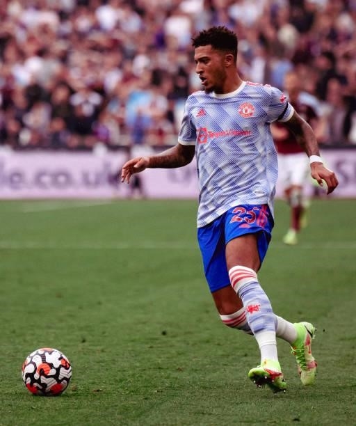 Jason Sancho of Manchester United in action during the Premier League match between West Ham United and Manchester United at London Stadium on...