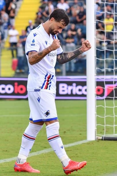 Francesco Caputo celebrates after scoring a goal during the Italian football Serie A match Empoli FC vs UC Sampdoria on September 19, 2021 at the...