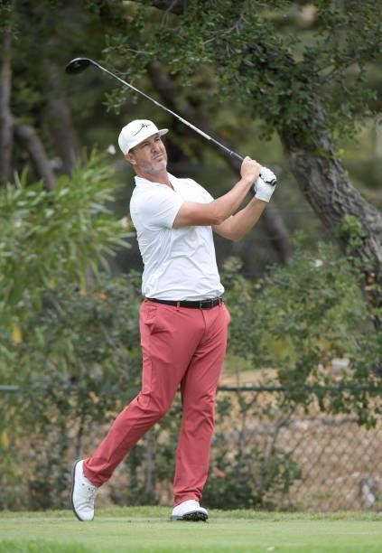 Scott Piercy plays his tee shot on the fifth hole during the third round of the Fortinet Championship at Silverado Resort and Spa North on September...