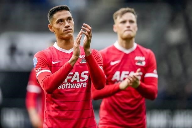 Tijjani Reijnders of AZ is disappointed with the loss during the Dutch Eredivisie match between Heracles Almelo and PSV Eindhoven at the Erve Asito...