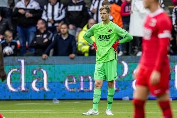 Goalkeeper Peter Vindahl is disappointed with the 3-2 during the Dutch Eredivisie match between Heracles Almelo and PSV Eindhoven at the Erve Asito...