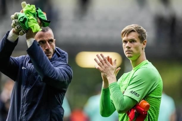 Goalkeeper Peter Vindahl is disappointed with the loss during the Dutch Eredivisie match between Heracles Almelo and PSV Eindhoven at the Erve Asito...