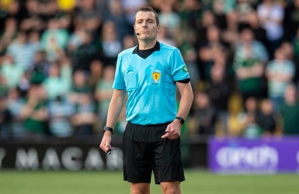 Referee Euan Anderson during a cinch Premiership match between Livingston and Celtic at the Tony Macaroni Arena on September 19 in Livingston,...