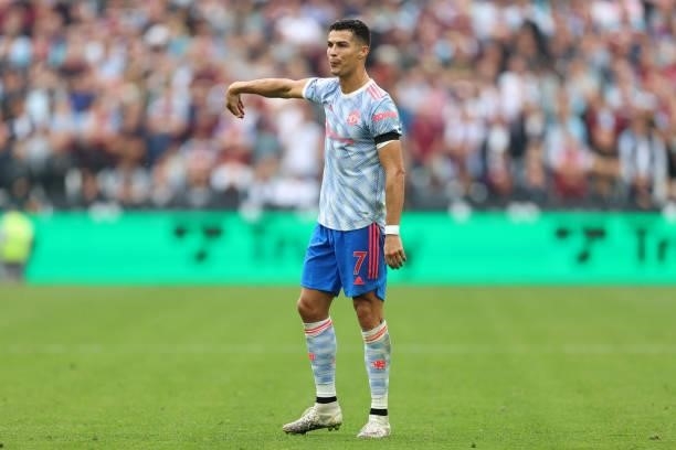 Cristiano Ronaldo of Man Utd gestures dismissively to the referee after he is denied a penalty during the Premier League match between West Ham...