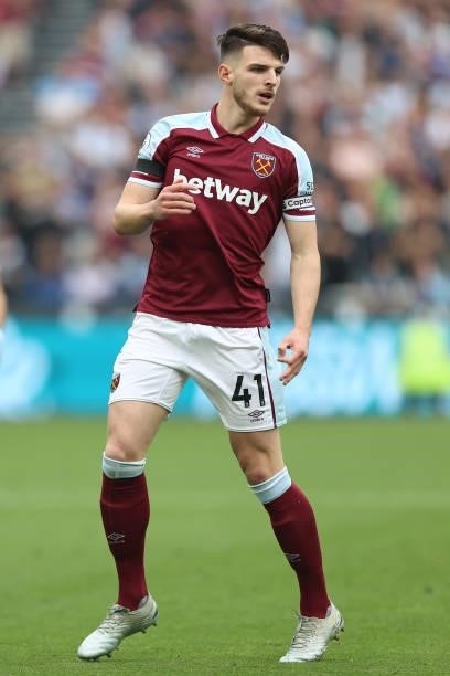 Declan Rice of West Ham during the Premier League match between West Ham United and Manchester United at London Stadium on September 19, 2021 in...