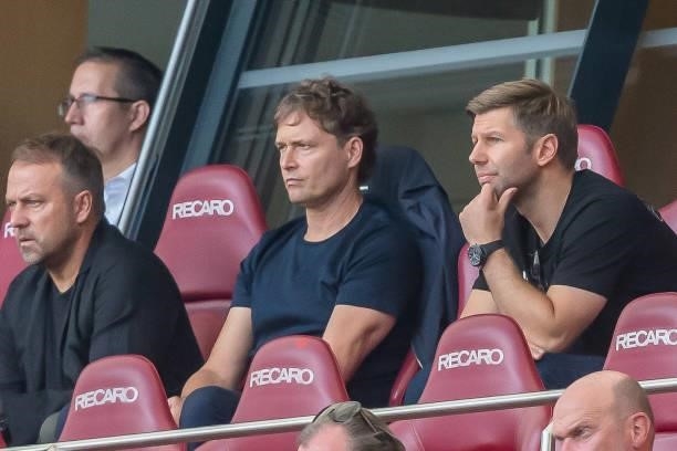 Marcus Sorg, Hansi Flick Head Coach of the German National Team Chairman and Thomas Hitzlsperger of VfB Stuttgart Looks on during the Bundesliga...