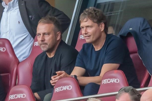 Marcus Sorg and Hansi Flick Head Coach of the German National Team Looks on prior to the Bundesliga match between VfB Stuttgart and Bayer 04...