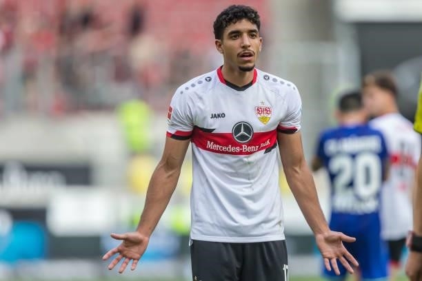 Omar Khaled Mohamed Marmoush of VfB Stuttgart gestures during the Bundesliga match between VfB Stuttgart and Bayer 04 Leverkusen at Mercedes-Benz...