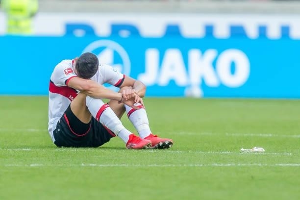 Konstantinos Mavropanos of VfB Stuttgart looks dejected after the Bundesliga match between VfB Stuttgart and Bayer 04 Leverkusen at Mercedes-Benz...