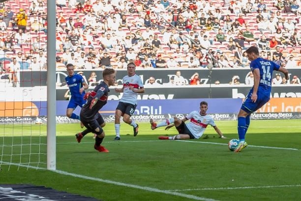 Patrik Schick of Bayer 04 Leverkusen scores his team's second goal during the Bundesliga match between VfB Stuttgart and Bayer 04 Leverkusen at...