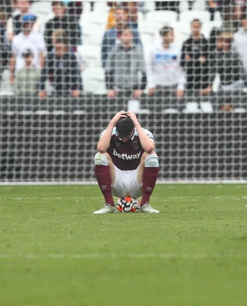 Dejection for West Ham United's Declan Rice at the end of the match during the Premier League match between West Ham United and Manchester United at...