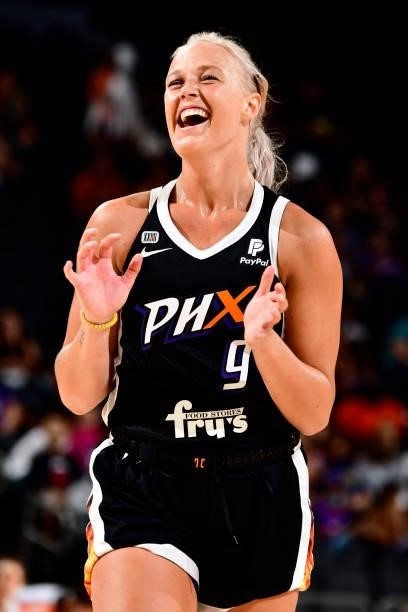 Sophie Cunningham of the Phoenix Mercury celebrates during the game against the Las Vegas Aces on September 19, 2021 at Footprint Center in Phoenix,...