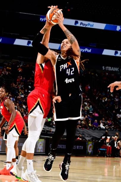 Brittney Griner of the Phoenix Mercury shoots the ball during the game against the Las Vegas Aces on September 19, 2021 at Footprint Center in...