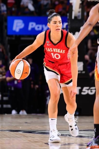 Kelsey Plum of the Las Vegas Aces dribbles the ball during the game against the Phoenix Mercury on September 19, 2021 at Footprint Center in Phoenix,...