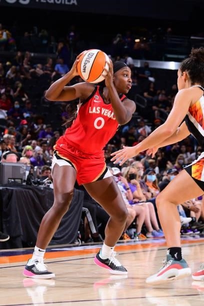 Jackie Young of the Las Vegas Aces handles the ball during the game against the Phoenix Mercury on September 19, 2021 at Footprint Center in Phoenix,...