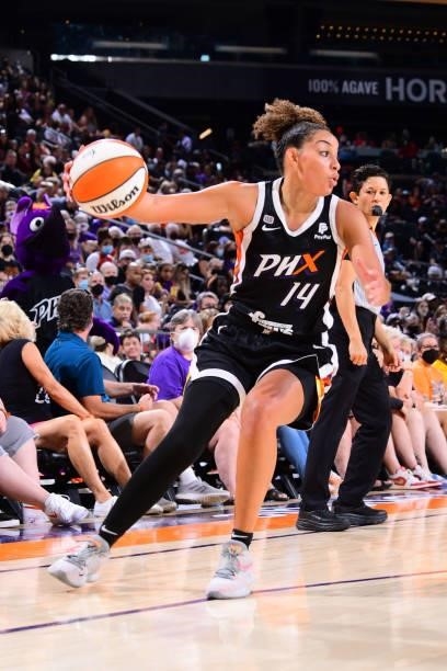 Bria Hartley of the Phoenix Mercury handles the ball during the game against the Las Vegas Aces on September 19, 2021 at Footprint Center in Phoenix,...