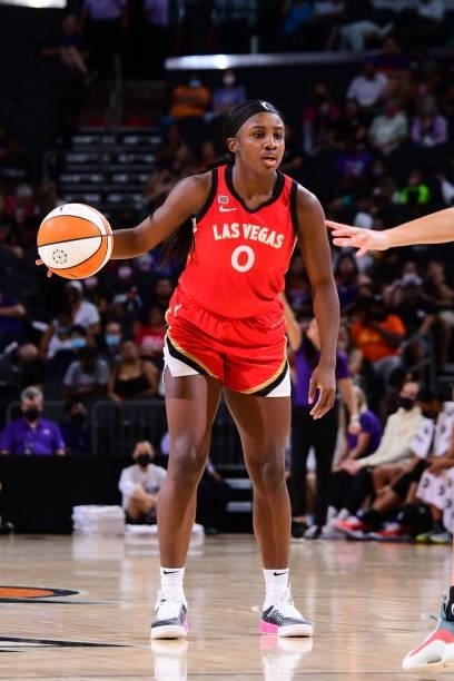 Jackie Young of the Las Vegas Aces dribbles the ball during the game against the Phoenix Mercury on September 19, 2021 at Footprint Center in...