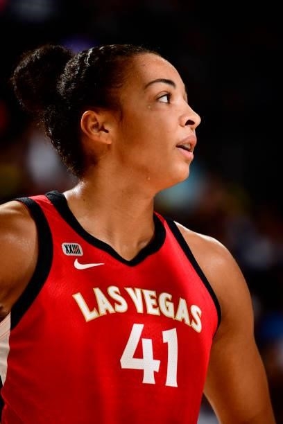 Kiah Stokes of the Las Vegas Aces looks on during the game against the Phoenix Mercury on September 19, 2021 at Footprint Center in Phoenix, Arizona....
