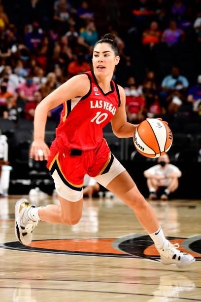 Kelsey Plum of the Las Vegas Aces dribbles the ball during the game against the Phoenix Mercury on September 19, 2021 at Footprint Center in Phoenix,...