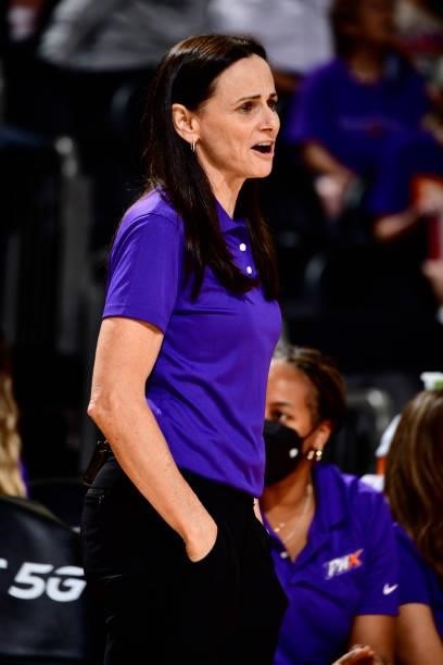 Head Coach Sandy Brondello of the Phoenix Mercury looks on during the game against the Las Vegas Aces on September 19, 2021 at Footprint Center in...