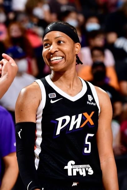Shey Peddy of the Phoenix Mercury smiles during the game against the Las Vegas Aces on September 19, 2021 at Footprint Center in Phoenix, Arizona....