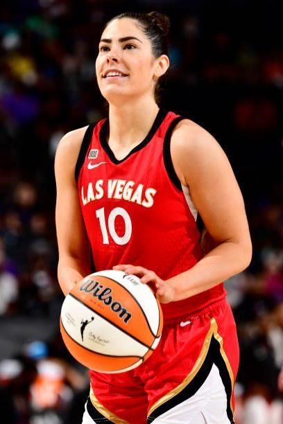 Kelsey Plum of the Las Vegas Aces shoots a free throw during the game against the Phoenix Mercury on September 19, 2021 at Footprint Center in...
