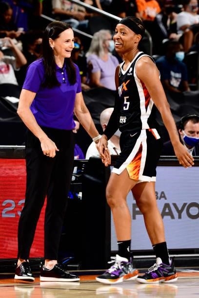 Head Coach Sandy Brondello of the Phoenix Mercury talks with Shey Peddy during the game against the Las Vegas Aces on September 19, 2021 at Footprint...