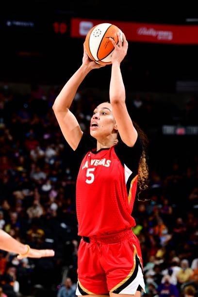 Dearica Hamby of the Las Vegas Aces handles the ball during the game against the Phoenix Mercury on September 19, 2021 at Footprint Center in...