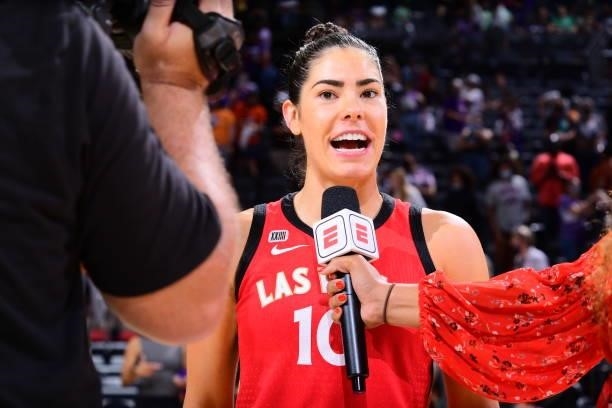 Kelsey Plum of the Las Vegas Aces is interviewed after the game against the Phoenix Mercury on September 19, 2021 at Footprint Center in Phoenix,...