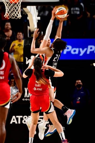 JiSu Park of the Las Vegas Aces blocks the ball during the game against the Phoenix Mercury on September 19, 2021 at Footprint Center in Phoenix,...