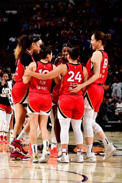 The Las Vegas Aces celebrate during the game against the Phoenix Mercury on September 19, 2021 at Footprint Center in Phoenix, Arizona. NOTE TO USER:...