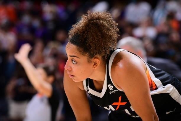 Bria Hartley of the Phoenix Mercury looks on during the game against the Las Vegas Aces on September 19, 2021 at Footprint Center in Phoenix,...