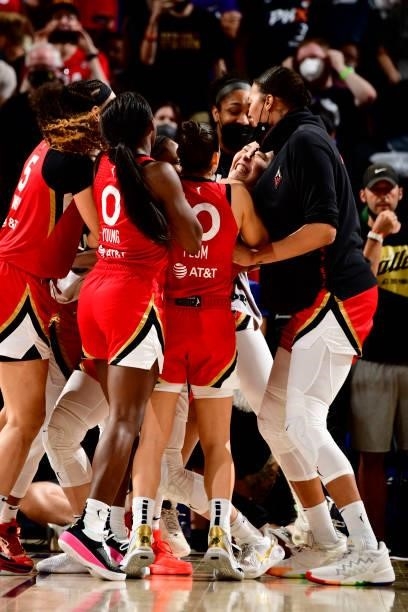 JiSu Park and the Las Vegas Aces celebrate during the game against the Phoenix Mercury on September 19, 2021 at Footprint Center in Phoenix, Arizona....