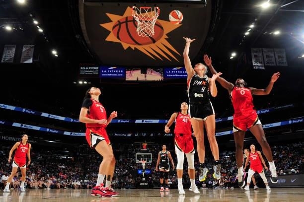 Sophie Cunningham of the Phoenix Mercury shoots the ball during the game against the Las Vegas Aces on September 19, 2021 at Footprint Center in...