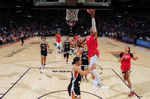 Ja Wilson of the Las Vegas Aces shoots the ball during the game against the Phoenix Mercury on September 19, 2021 at Footprint Center in Phoenix,...