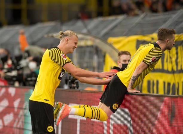 Erling Haaland and Marco Reus celebrate the own goal to the 3:0 during the Bundesliga match between Borussia Dortmund and 1. FC Union Berlin on...