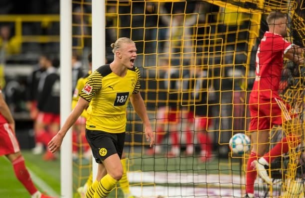 Erling Haaland celebrates the own goal to the 3:0 during the Bundesliga match between Borussia Dortmund and 1. FC Union Berlin on September 19, 2021...