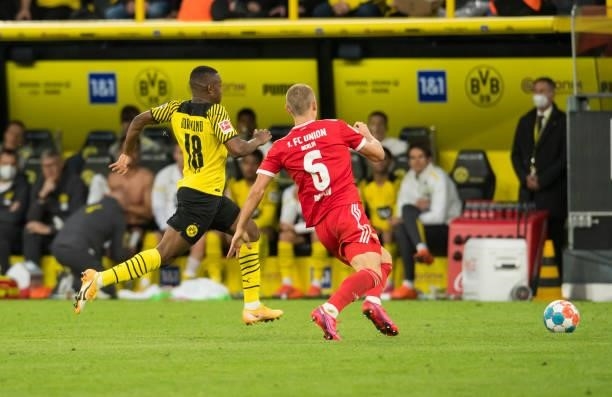 Youssoufa Moukoko in action during the Bundesliga match between Borussia Dortmund and 1. FC Union Berlin on September 19, 2021 in Dortmund, Germany.
