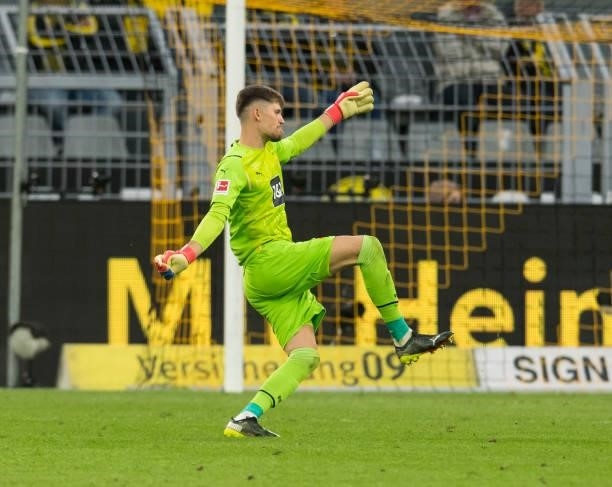 Goalkeeper Gregor Kobel in action during the Bundesliga match between Borussia Dortmund and 1. FC Union Berlin on September 19, 2021 in Dortmund,...