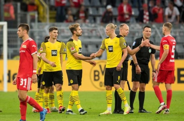 Thomas Meunier, Marin Pongracic and Erling Haaland after the Bundesliga match between Borussia Dortmund and 1. FC Union Berlin on September 19, 2021...