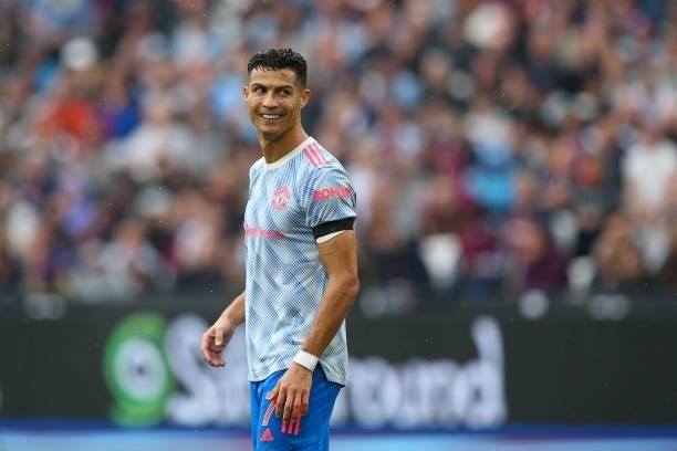 Cristiano Ronaldo of Manchester United reacts during the Premier League match between West Ham United and Manchester United at London Stadium on...