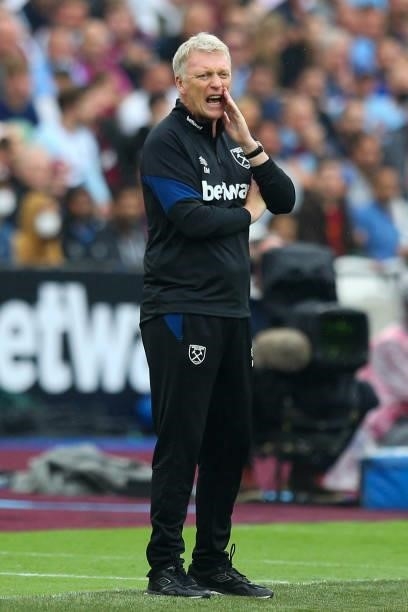 West Ham United manager David Moyes shouts instructions to his team from the technical area during the Premier League match between West Ham United...