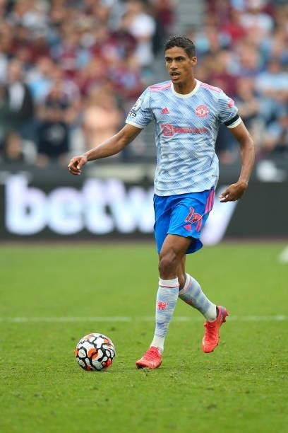 Raphael Varane of Manchester United in action during the Premier League match between West Ham United and Manchester United at London Stadium on...