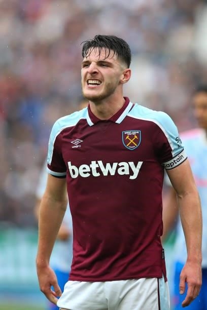 Declan Rice of West Ham United reacts during the Premier League match between West Ham United and Manchester United at London Stadium on September...