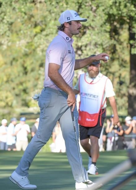 Max Homa acknowledges the gallery on the 16th hole during the final round of the Fortinet Championship at Silverado Resort and Spa North on September...