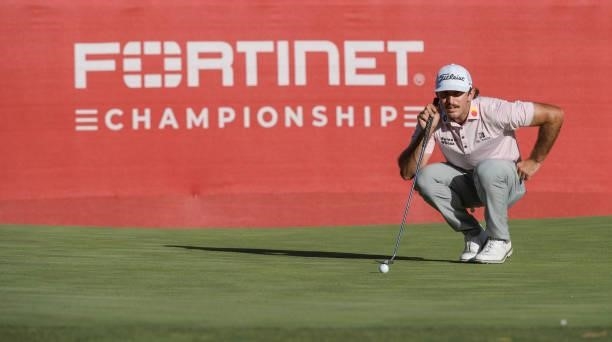 Max Homa studies his putt on the 17th green during the final round of the Fortinet Championship at Silverado Resort and Spa North on September 19,...