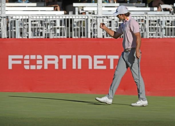 Max Homa reacts to his birdie putt with a pump fist on the 17th green during the final round of the Fortinet Championship at Silverado Resort and Spa...