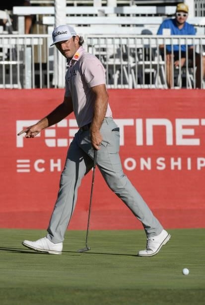 Max Homa reacts to his birdie putt on the 17th green during the final round of the Fortinet Championship at Silverado Resort and Spa North on...