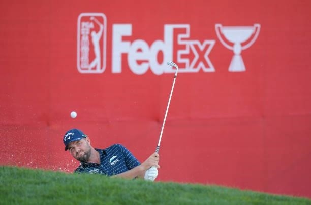 Marc Leishman of Australia plays a bunker shot on the 18th hole during the final round of the Fortinet Championship at Silverado Resort and Spa North...